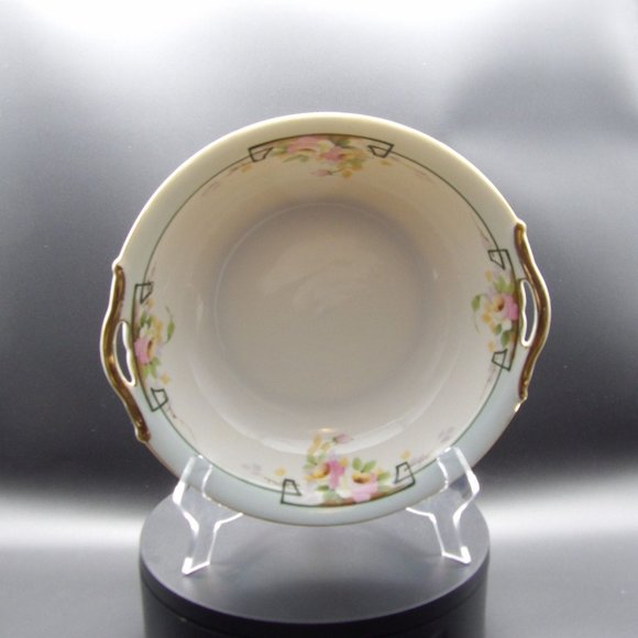 Antique Hand Painted Nippon Handled Serving Bowl Gold Rim Blue Rim Roses Blue Ni - Picture 3 of 10